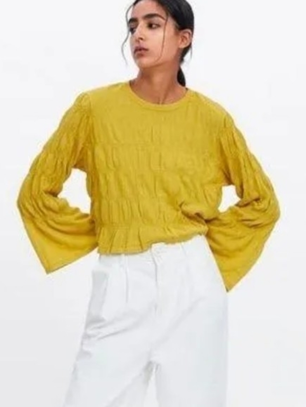 Zara Mustard Yellow Textured Bell-Sleeve Knit Top